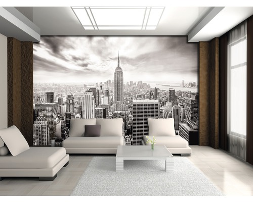 Woonkamer met fotobehang New York skyline in zwart-wit
