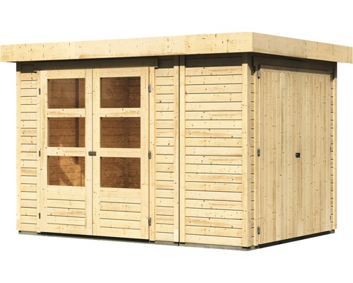 Houten tuinhuis met ramen en dubbele deur