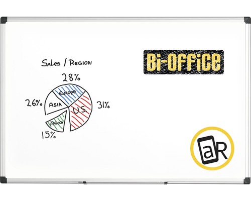 Whiteboard met verkoopstatistieken per regio, Bi-Office logo en aR symbool