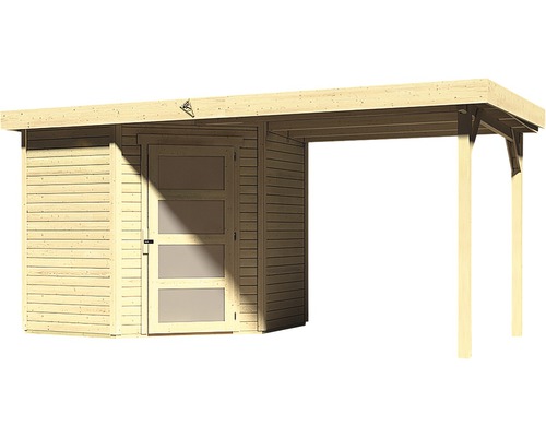 Houten tuinhuis met zijdelingse overkapping