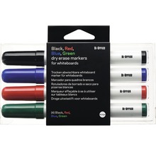 Vier whiteboardmarkers in zwart, rood, blauw en groen in een verpakking
