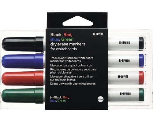 Vier whiteboardmarkers in zwart, rood, blauw en groen in een verpakking