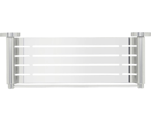 Zilverkleurige badkamerradiator met horizontale lamellen voor warmteverdeling.