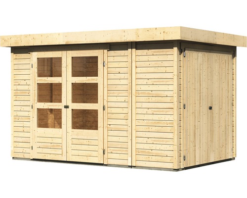 Houten tuinhuis met ramen en dubbele deur