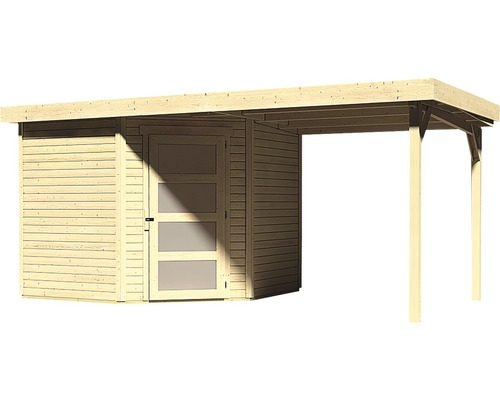 Houten tuinhuis met afdak en deur met glazen panelen