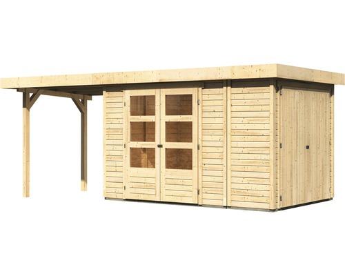 Houten tuinhuis met aanbouw en dubbele deur met ramen