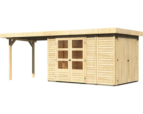 Houten tuinhuis met afdak en dubbele deur