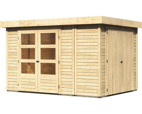 Houten tuinhuis met ramen en dubbele deur