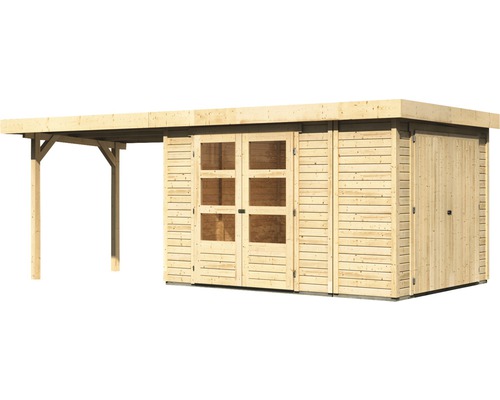 Houten tuinhuis met carport en dubbele deur