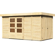Houten tuinhuis met raam en dubbele deur