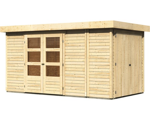 Houten tuinhuis met raam en dubbele deur