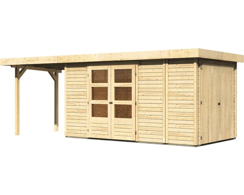 Houten tuinhuis met dubbele deur en luifel