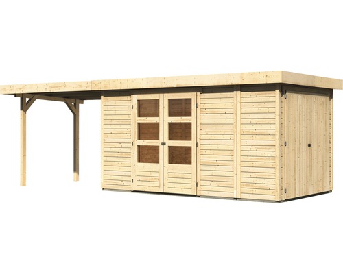 Houten tuinhuis met dubbele deur en aanbouw