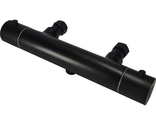 Zwarte radiator verdeler met meerdere aansluitingen