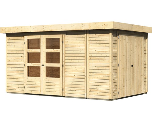 Houten tuinhuis met ramen en dubbele deur