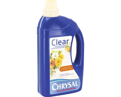 Chrysal Clear snijbloemenvoeding in een blauwe plastic fles