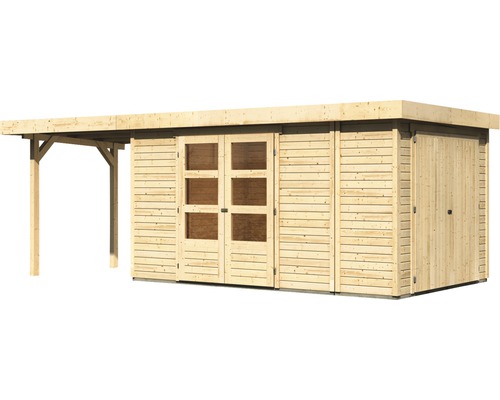 Houten tuinhuis met overkapping en dubbele deur