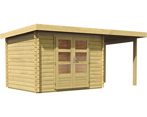 Houten tuinhuis met dubbele deur en overdekte ruimte