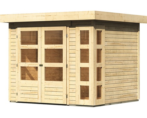 Houten tuinhuis met dubbele deur en ramen