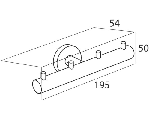 Technische tekening van een wandhouder met afmetingen van 195 x 54 x 50 millimeter