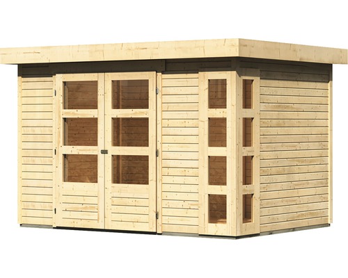 Houten tuinhuis met glazen deuren