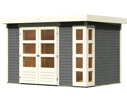 Houten tuinhuis met dubbele deur en raamelementen