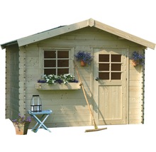 Houten tuinhuis met raam, deur en bloemdecoratie