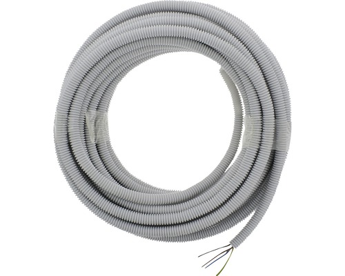 Opgerolde, grijze elektrische installatiebuis met draden