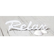 Decoratie met het woord Relax en schelpen