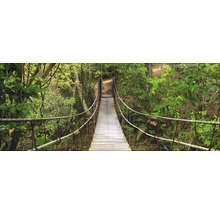 Hangbrug met houten planken door een bos