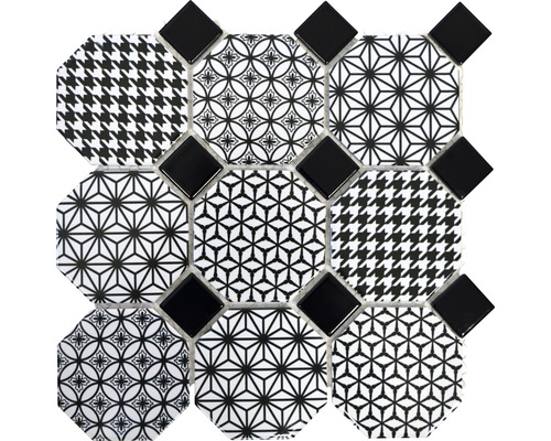 Mozaïektegel keramisch Octa wit/zwart 30x30 cm Mozaïekmat met verschillende patronen en vormen