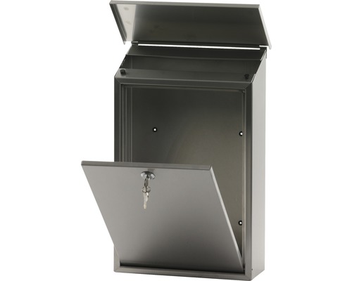 Geopende roestvrijstalen wandbriefbus met sleutel