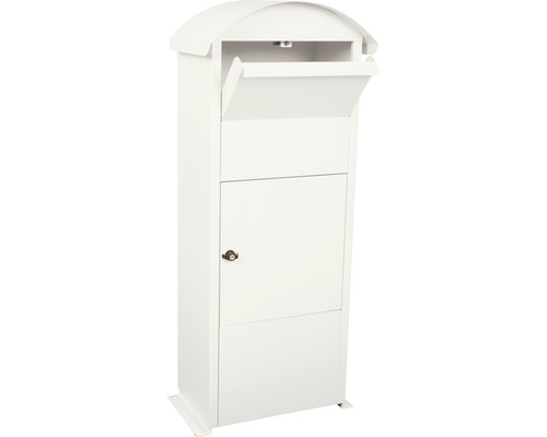 Vrijstaande brievenbus met geopende klep.