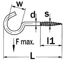 Technische tekening van een haak met schroefdraad en maataanduidingen