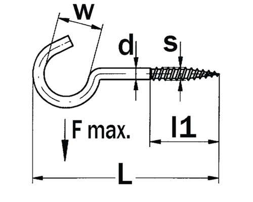 Technische tekening van een haak met schroefdraad en maataanduidingen