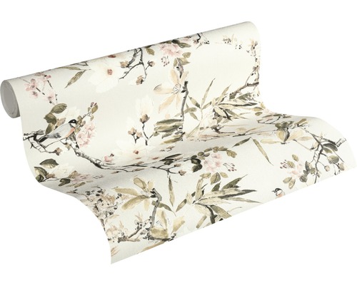 Rol behang met bloemmotieven en vogels