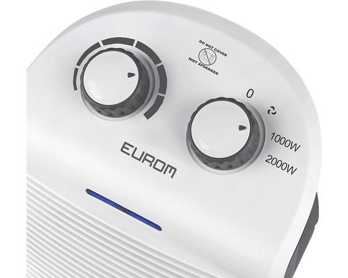 Close-up van een Eurom kachel met draaiknoppen voor temperatuurinstelling