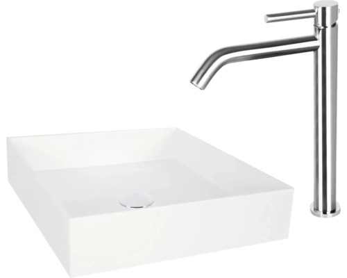 Opzetwastafel, vierkant, samen met een kraan