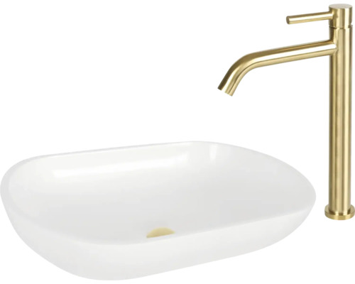 Opzetwastafel van keramiek met goudkleurige wastafelkraan
