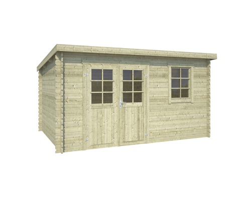 OUTDOOR LIFE Blokhut Amira geïmpregneerd vurenhout olijfgroen 380x275 cm Houten tuinhuis met dubbele deur en raam