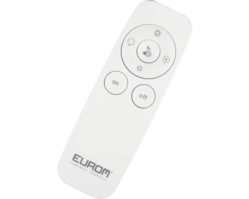 Witte afstandsbediening met knoppen voor aan en uit en voor het bedienen van licht en muziek