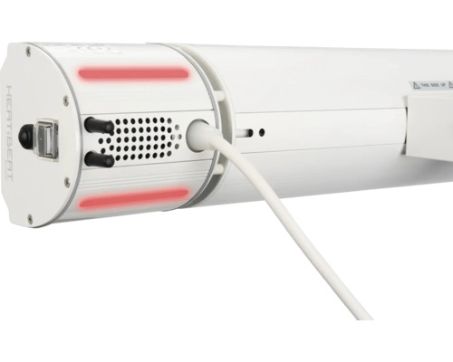 Gedetailleerde weergave van een HEATBEAT verwarmingsbuis met stroomkabel en bedieningselementen.