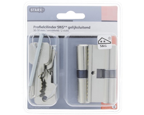 Profielcilinder SKG** gelijksluitend, 30-30 mm, vernikkeld, 2 stuks