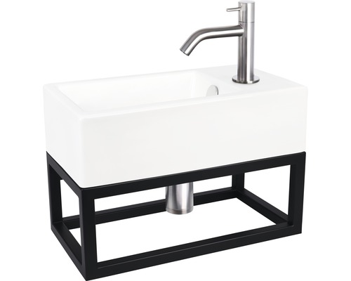 Wastafel met kraan en zwart metalen frame