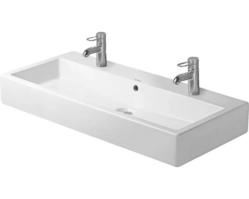 Rechthoekige wastafel van sanitair keramiek met twee kranen