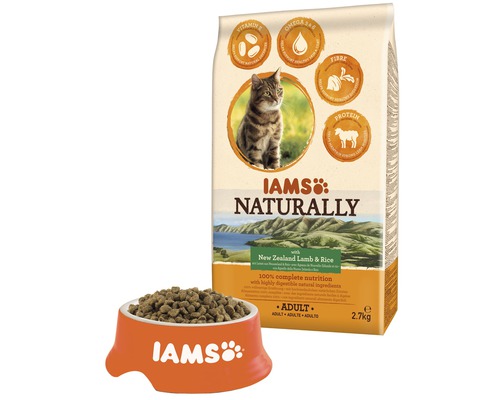 Iams Naturally droogvoer voor volwassen katten met Nieuw-Zeelands lam en rijst, verpakking van 2,7 kilogram en voerbak