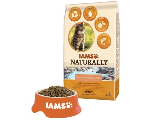 Iams Naturally kattenvoer met Noord-Atlantische zalm en rijst in een voerbak