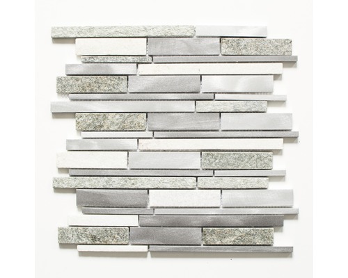 Mozaïektegel natuursteen XSA 535 kwartsiet 30x31 cm Mozaïektegel met steen, metaal en glaselementen