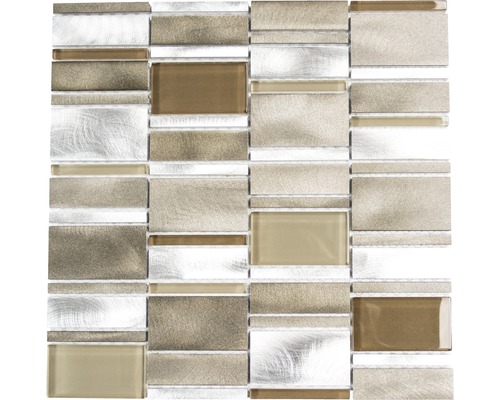 Mozaïektegel metaal aluminium A811 zilver/beige mix 30,1x30,1 cm Mozaïektegel met glas- en metaalelementen