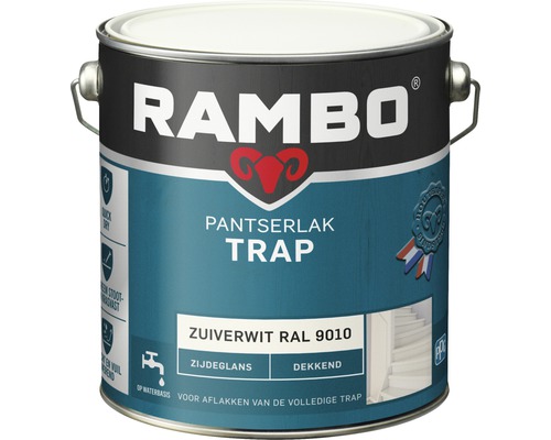 RAMBO Pantserlak trap dekkend zijdeglans zuiverwit RAL 9010 2,5 l Rambo Trapverf Zuiverwit RAL 9010 in metalen emmer
